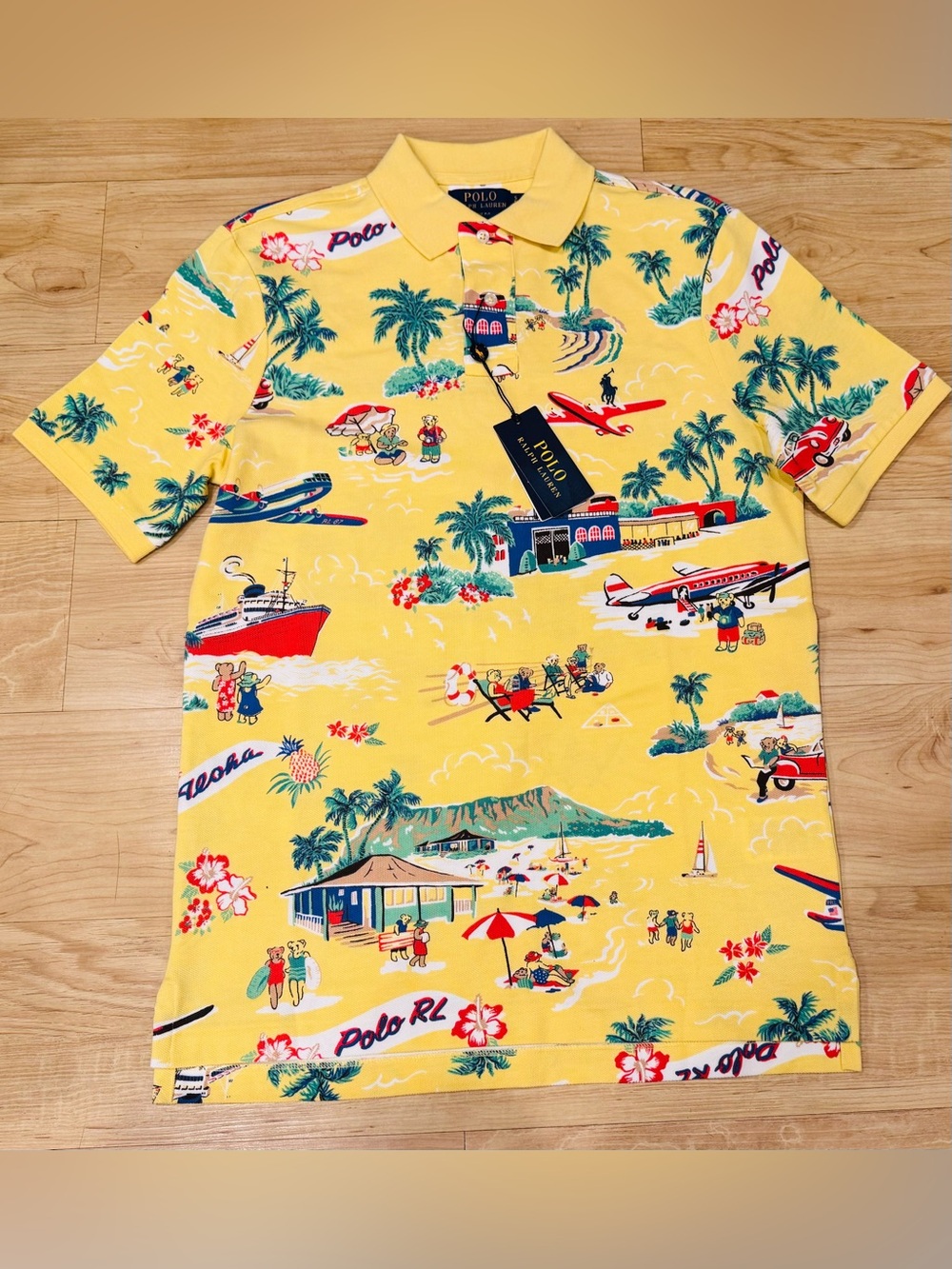 Polo Ralph Lauren Men’s RL Polo Bear Hawaii Aloha Print Mesh Polo Yellow NWT S